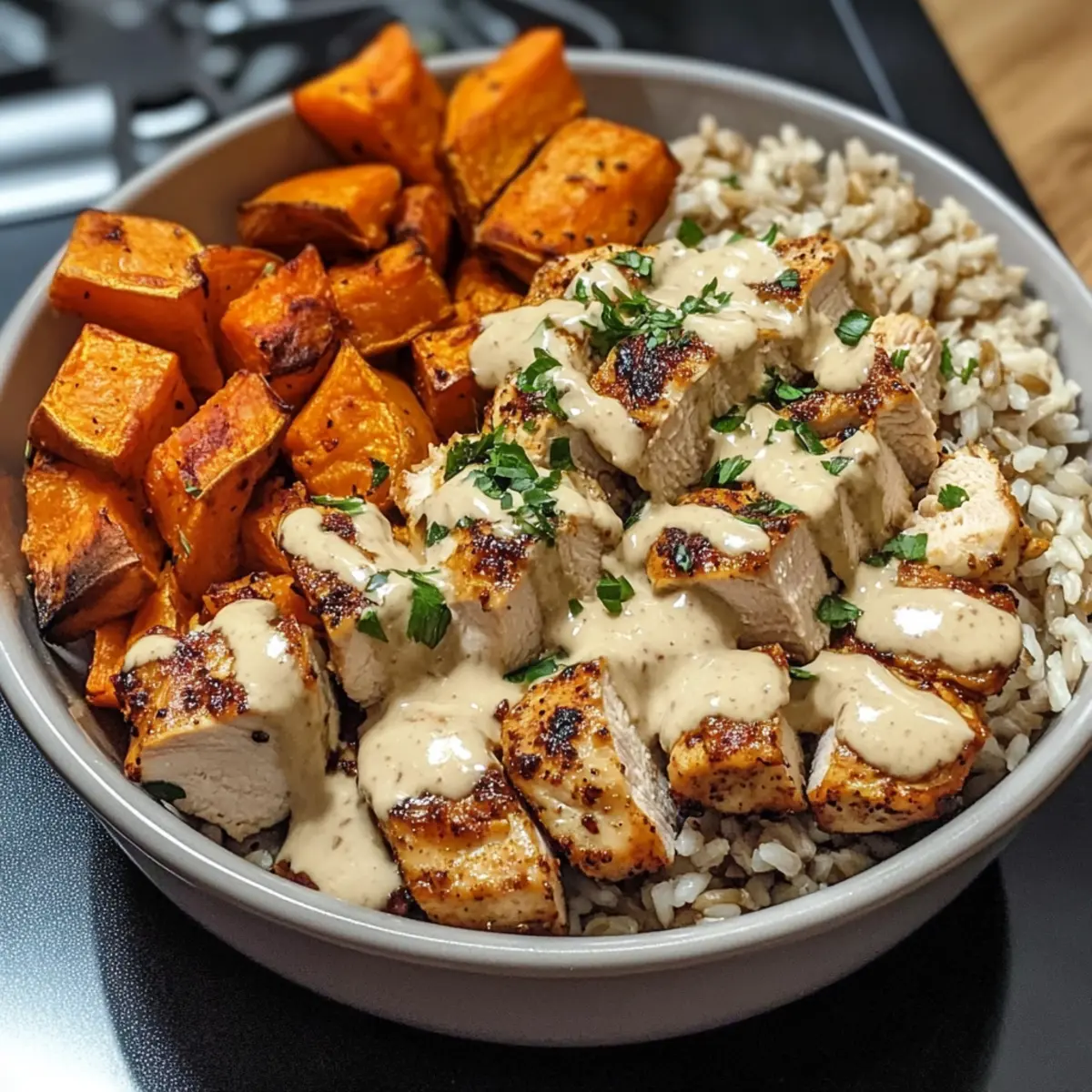 Gesunder Hühnchen- und Süßkartoffel-Reis-Bowl
