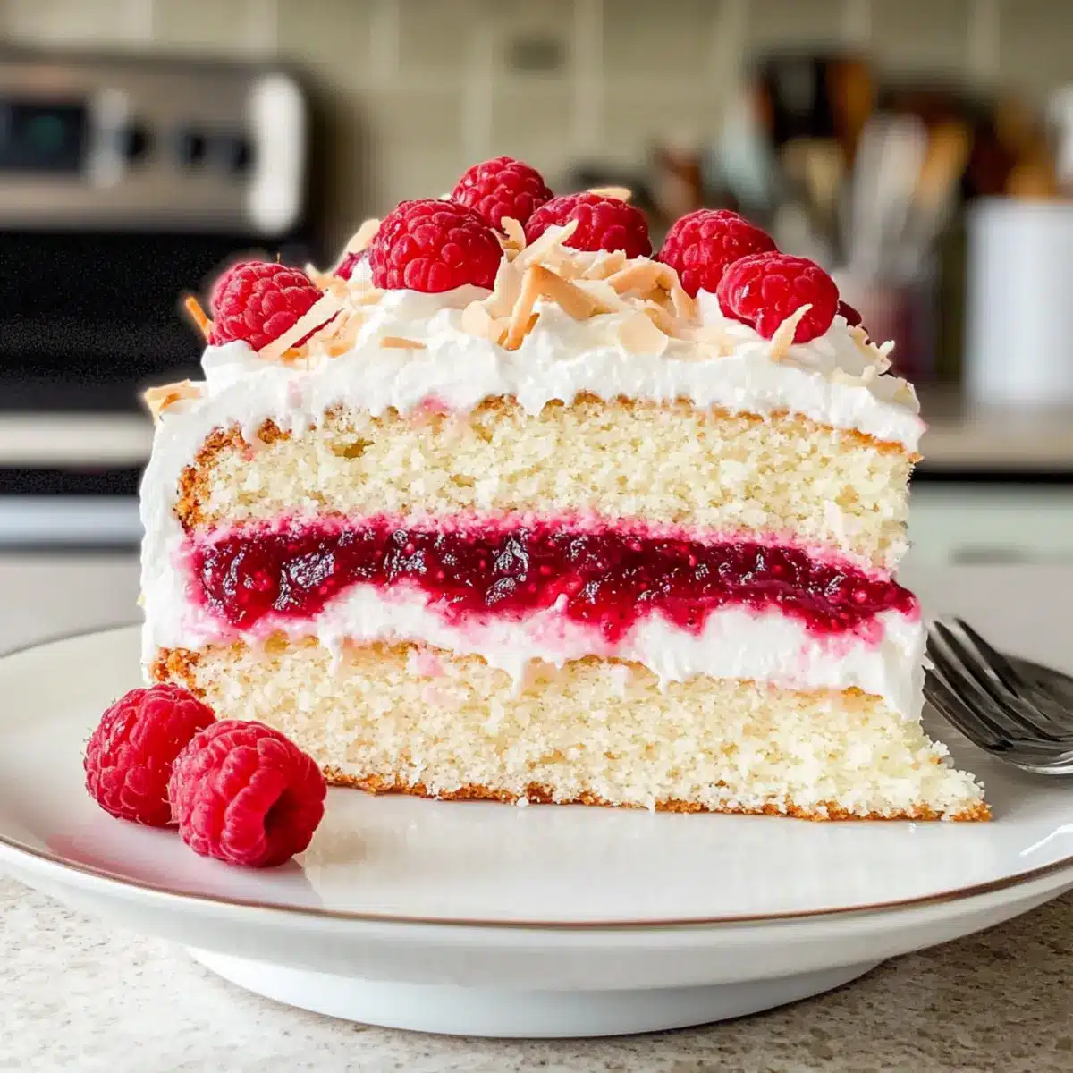 Kokosnuss-Himbeer-Kuchen mit Kokosnusscreme