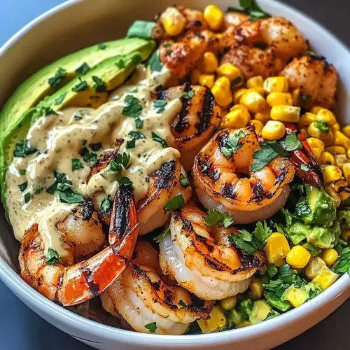 Gegrillte Garnelen Schüssel mit Avocado & Mais Salsa