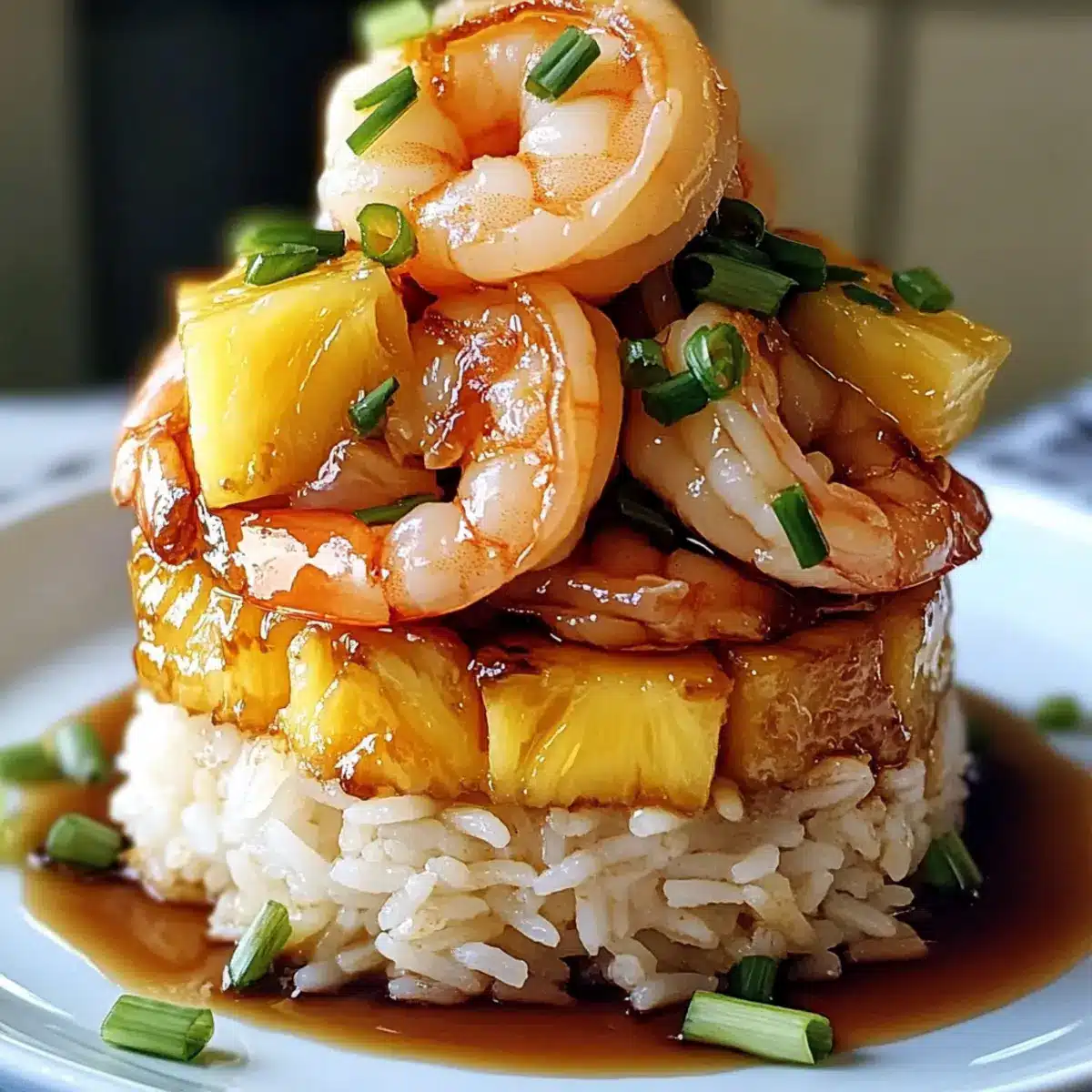 Teriyaki Garnelen und Ananas Reis Stapel