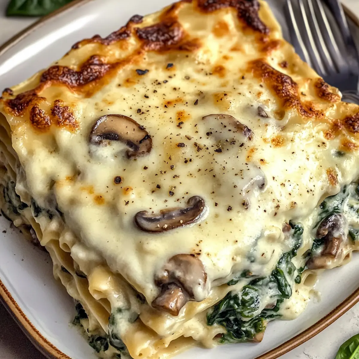 Weiß lasagne mit spinat und pilzen