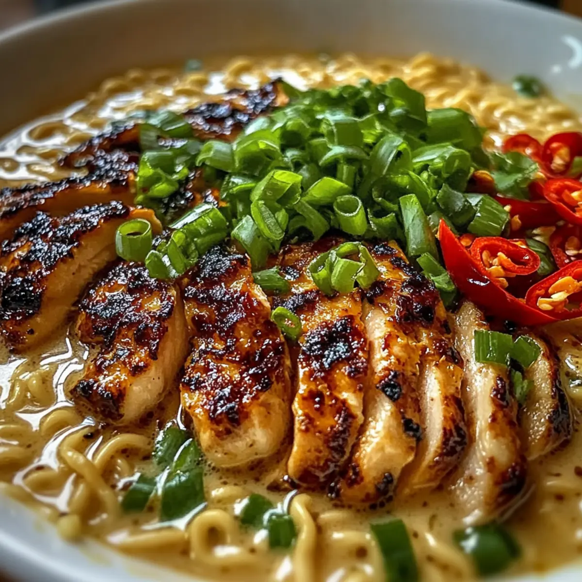 Feurige Hähnchen-Ramen mit cremiger Knoblauchsoße