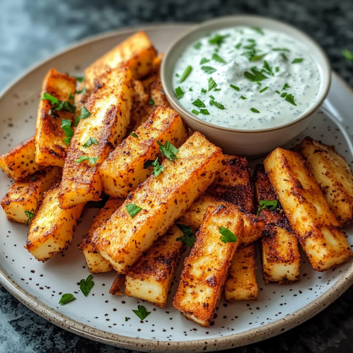 Luftgebackene Halloumi-Pommes mit scharfer Joghurt-Dip