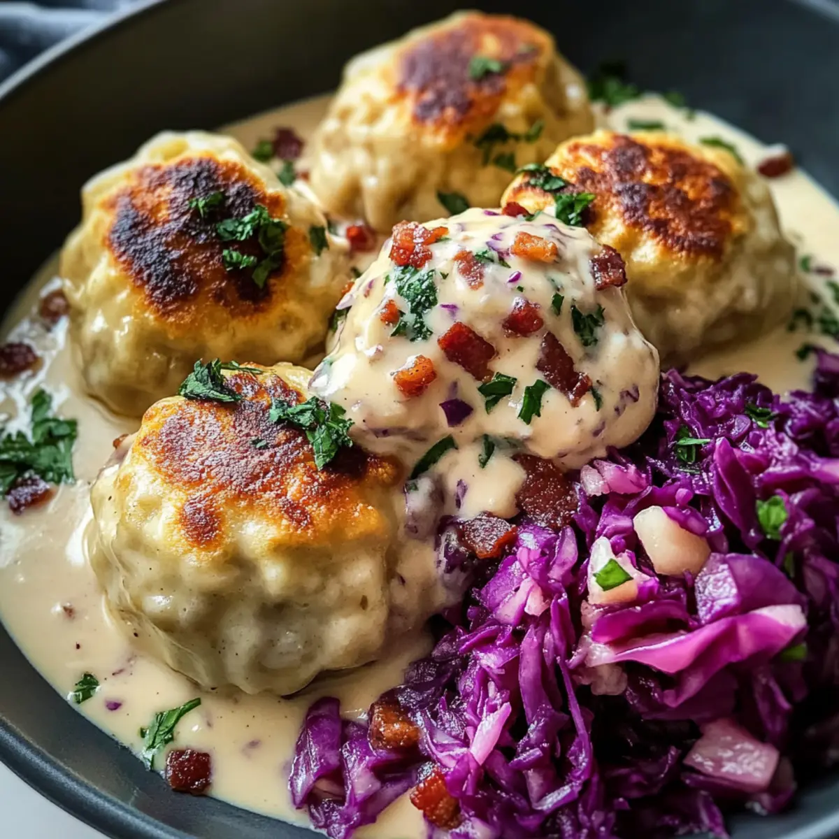 Brezenknödel mit Rotkohl und cremiger Specksauce