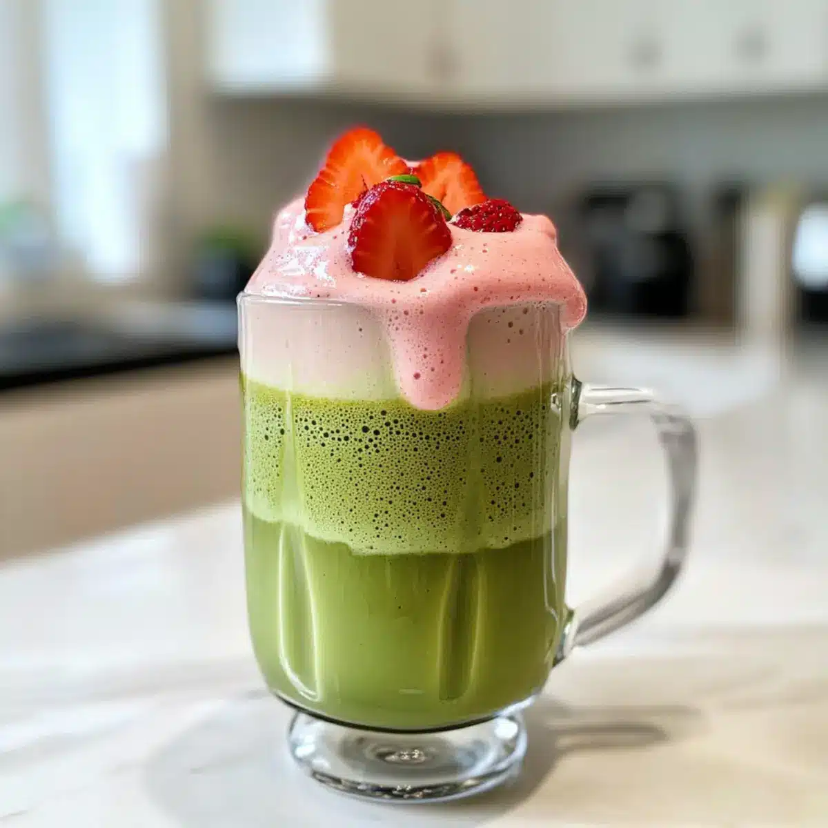 Eis Matcha Latte mit Erdbeer-Kalt-Schaum