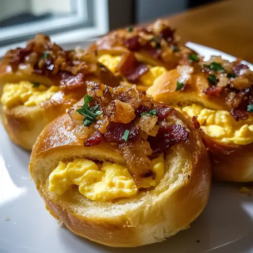 Crispy breakfast rolls with scrambled eggs and bacon