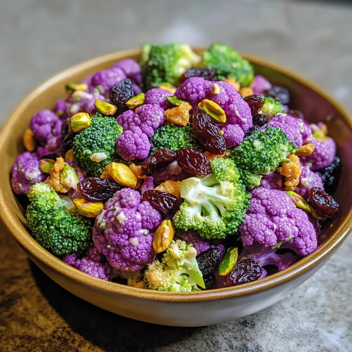 Lila Blumenkohl und Brokkoli Rosinensalat