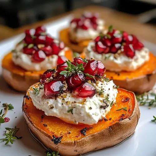 Geschlagener Ziegenkäse Süßkartoffelrunden mit Granatapfel