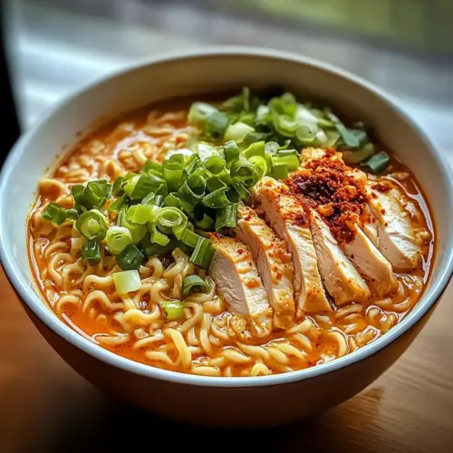 Feuriges Hähnchen Ramen mit cremiger Knoblauchsoße