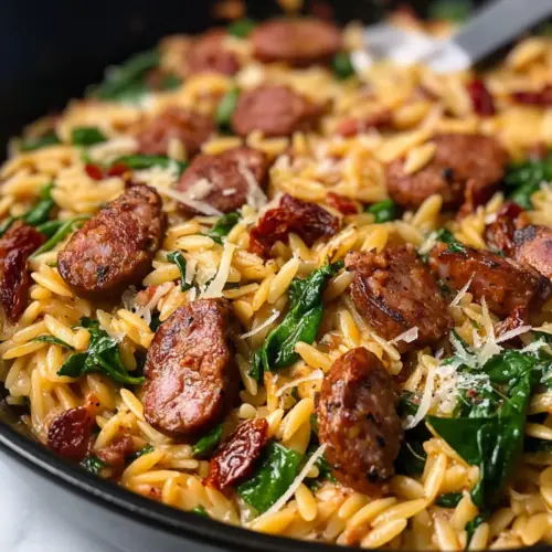 Ein Topf Cajun-Wurst und Orzo